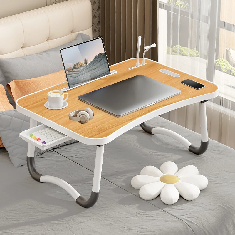 Foldable Portable Laptop Desk with USB Light, Mini Fan, Cup Holder & Tablet Slot — Bed & Home Office Tray Table