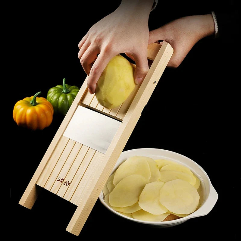 Adjustable Wooden Vegetable Cutter and Slicer for Potatoes, Tomatoes, Onions, and Cabbage - 0.5-7mm Thickness Options