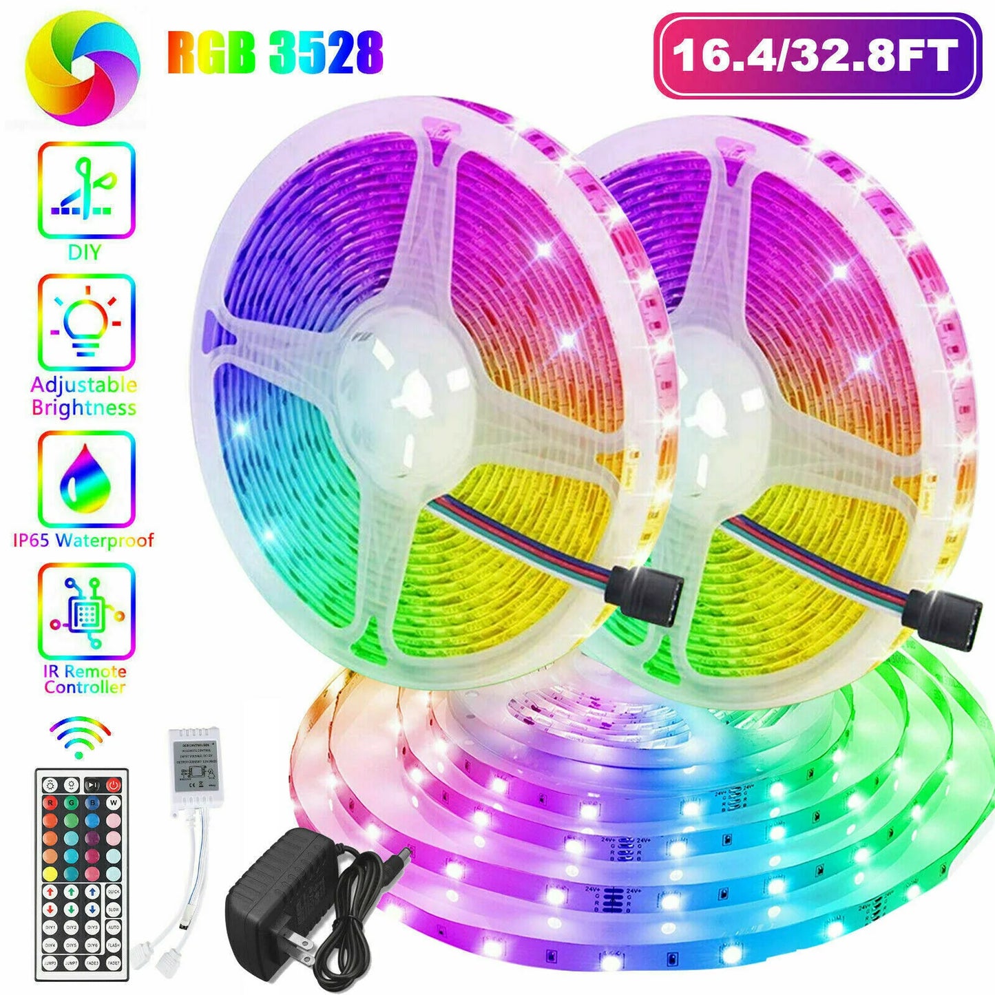32FT Flexible RGB LED SMD Strip Light with Remote Control for Home, TV, Party, and Bar Decor