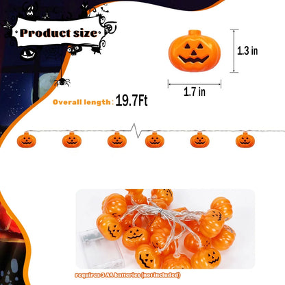 Halloween Pumpkin String Lights – 40 LED 19.7Ft Jack-O’-Lantern Fairy Lights | Battery Operated, Waterproof & Cute Halloween Decorations for Indoor & Outdoor Use