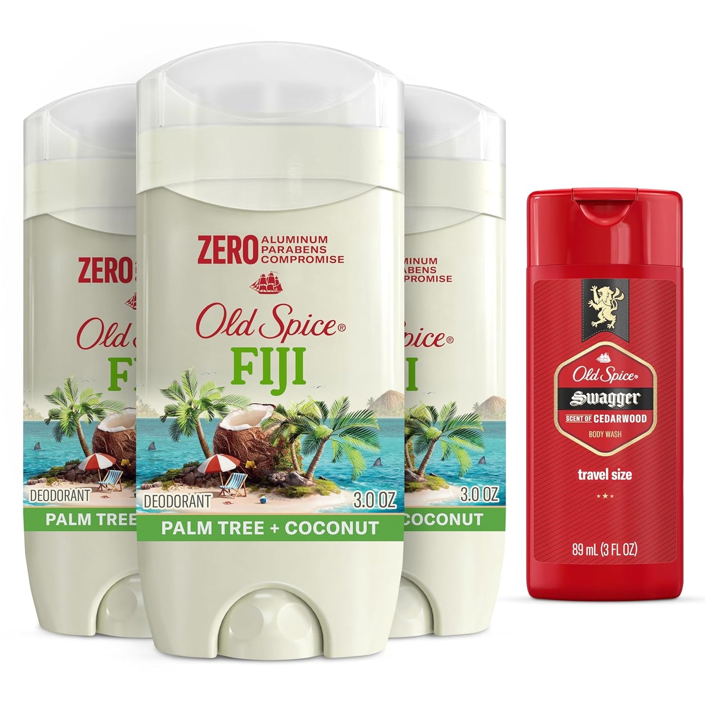 Aluminum Free Deodorant for Men, 24/7 Long Lasting Freshness, 24/7 Sweat & Odor Protection, Fiji with Palm Tree Scent Deodorant with Travel-Size Swagger Scent Body Wash, 3 Oz (Pack of 3)