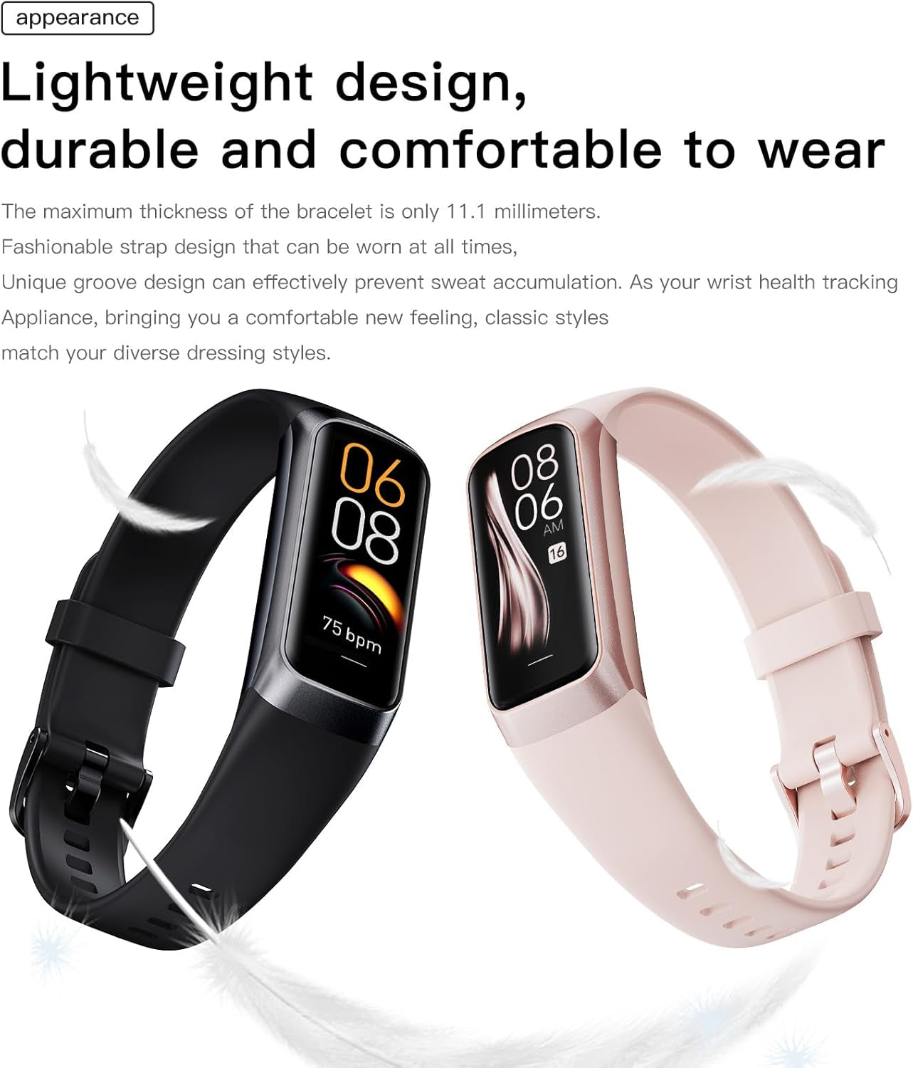 Keep Health C60 Slim Fitness Tracker with 1.1” AMOLED Display | 25 Sports Modes, Heart Rate, Blood Pressure & Oxygen Monitor | Waterproof Smart Band for Women & Men with Sleep Tracker, Alarm & Step Counter