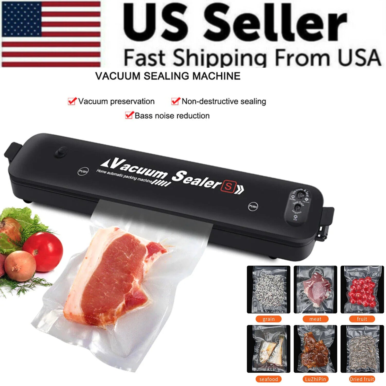 Vacuum Sealer Machine | Automatic Food Saver with 15 Seal Bags | Keep Food Fresh 10X Longer | Dry & Wet Mode | Fast & Compact Kitchen Sealer