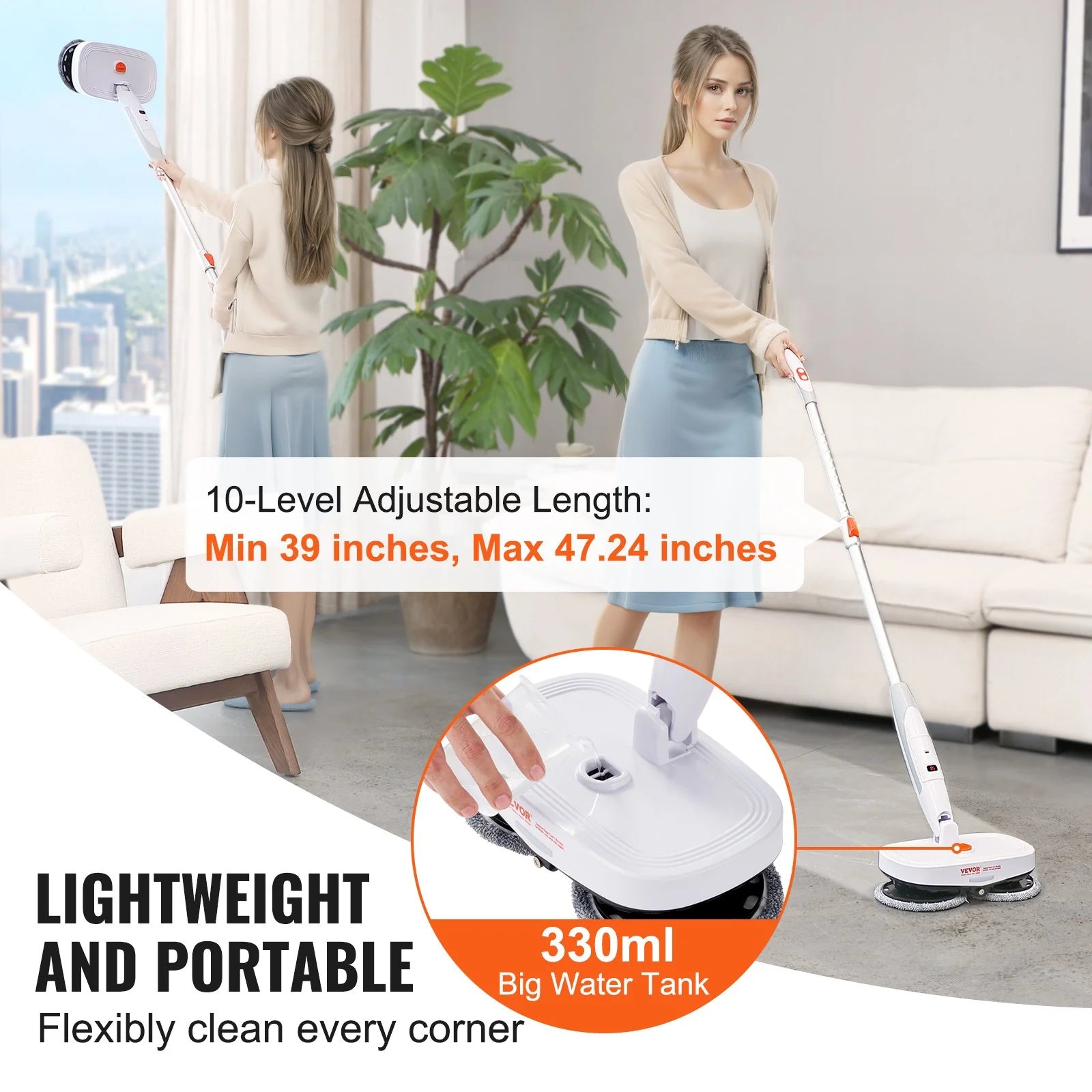 VEVOR Cordless Electric Mop with Integrated Water Tank, 40-Minute Battery Life, LED Headlight, Dual Mop Heads, and 8 Microfiber Pads for Efficient Hardwood and Tile Floor Cleaning