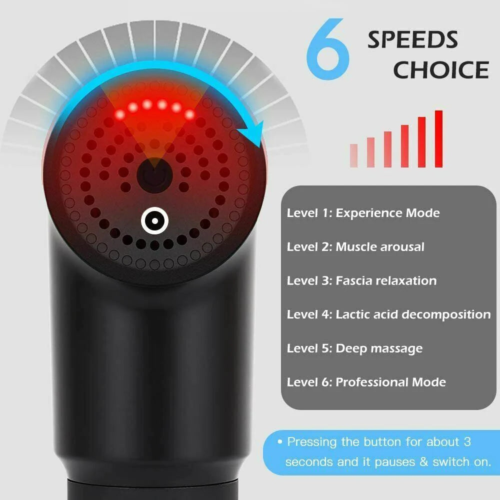 Deep Tissue Massage Gun – 6-Speed Percussion Muscle Massager with 4 Heads | Quiet Handheld Therapy Gun for Pain Relief, Recovery & Relaxation