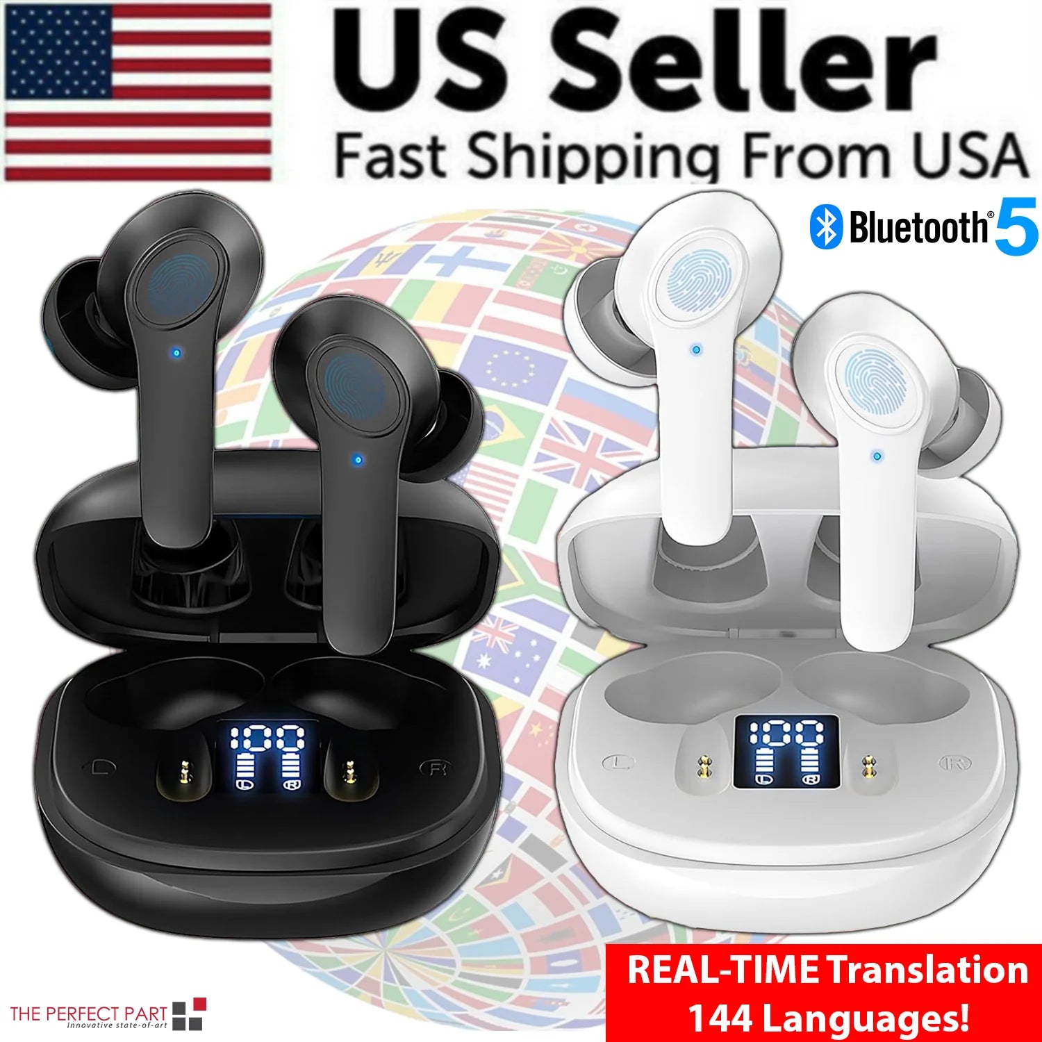 Real-Time Translator Earbuds | 144-Language AI Translation Bluetooth 5.0 Earphones | Noise-Canceling, Touch Control, Fast Charging Travel Headset