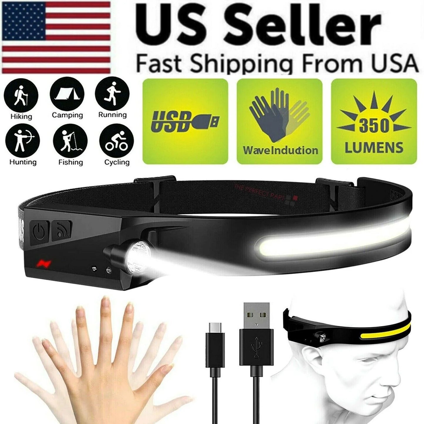 COB LED Headlamp – USB Rechargeable Motion Sensor Headlight | 350 Lumens Waterproof Work Light for Camping, Running, Hiking & Night Use