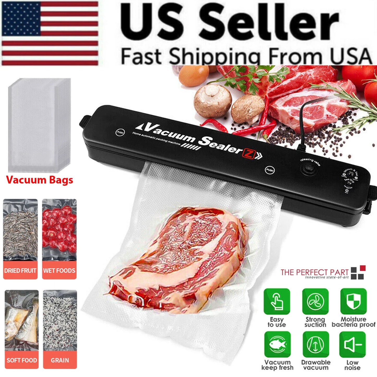 Vacuum Sealer Machine | Automatic Food Saver with 15 Seal Bags | Keep Food Fresh 10X Longer | Dry & Wet Mode | Fast & Compact Kitchen Sealer