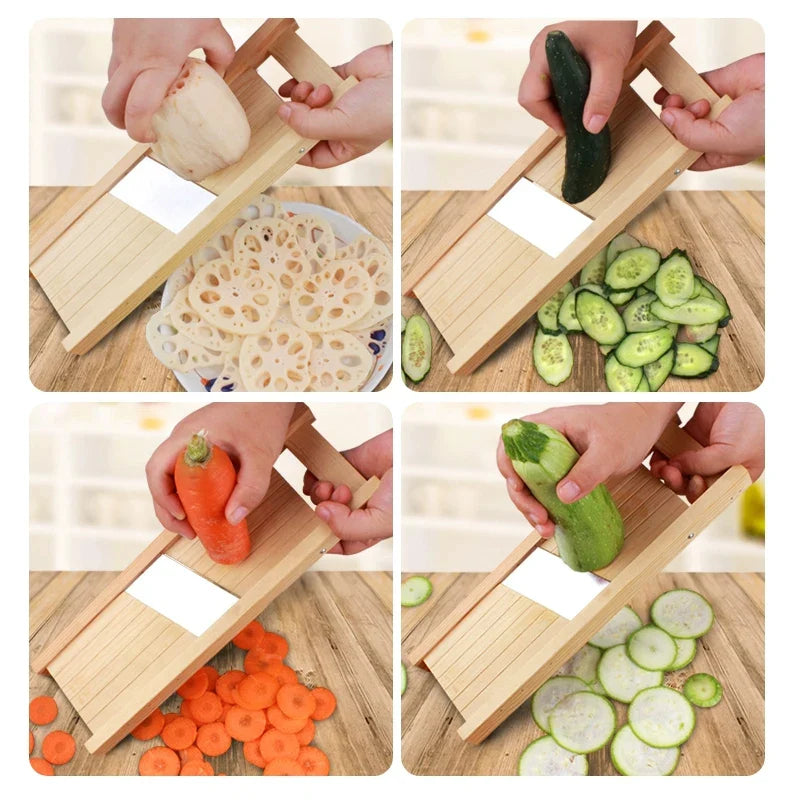 Adjustable Wooden Vegetable Cutter and Slicer for Potatoes, Tomatoes, Onions, and Cabbage - 0.5-7mm Thickness Options