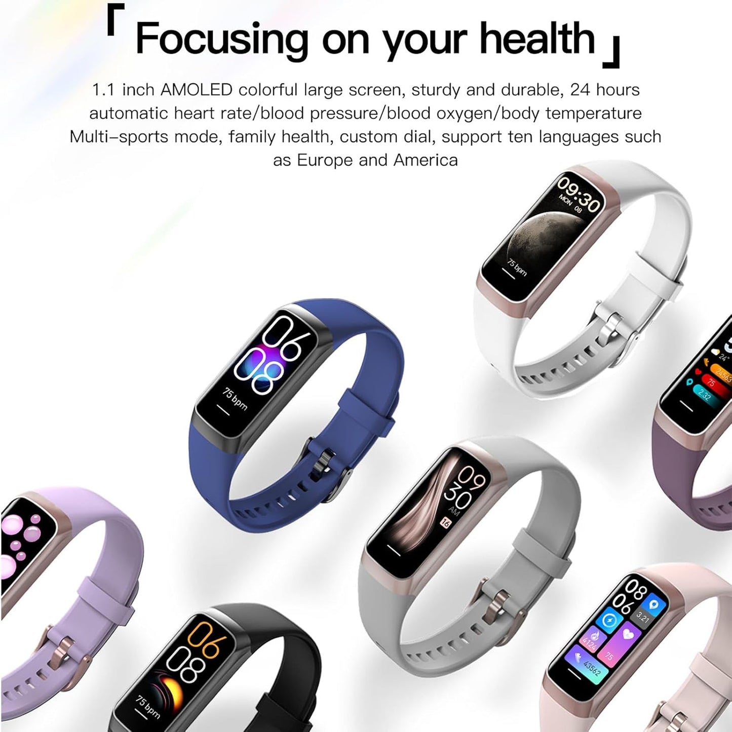 Keep Health C60 Slim Fitness Tracker with 1.1” AMOLED Display | 25 Sports Modes, Heart Rate, Blood Pressure & Oxygen Monitor | Waterproof Smart Band for Women & Men with Sleep Tracker, Alarm & Step Counter