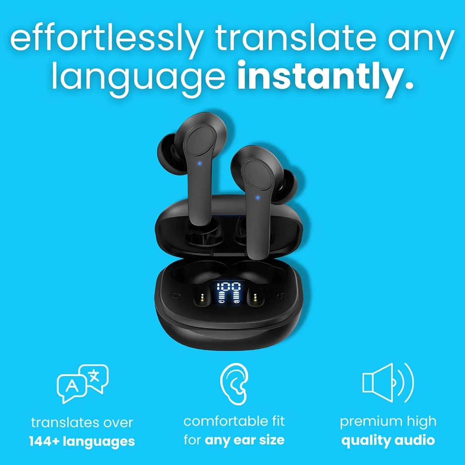 Real-Time Translator Earbuds | 144-Language AI Translation Bluetooth 5.0 Earphones | Noise-Canceling, Touch Control, Fast Charging Travel Headset