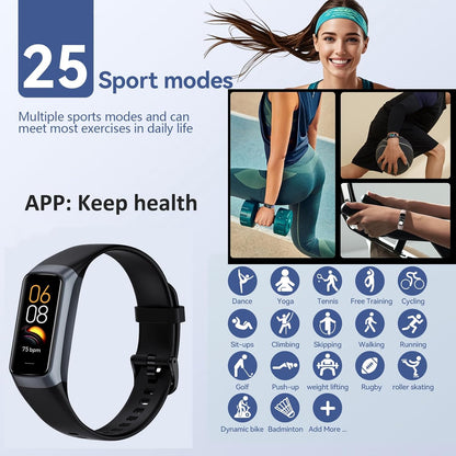 Keep Health C60 Slim Fitness Tracker with 1.1” AMOLED Display | 25 Sports Modes, Heart Rate, Blood Pressure & Oxygen Monitor | Waterproof Smart Band for Women & Men with Sleep Tracker, Alarm & Step Counter