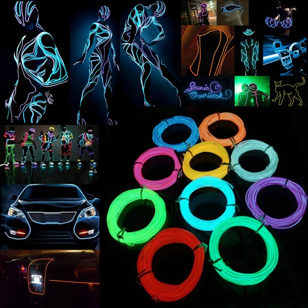 Neon LED Glow EL Wire Light Strip | 360° Flexible Rope Tube with Controller | USB, Car, Battery, or Sound Activated | Party, Car, Costume & Home Decor