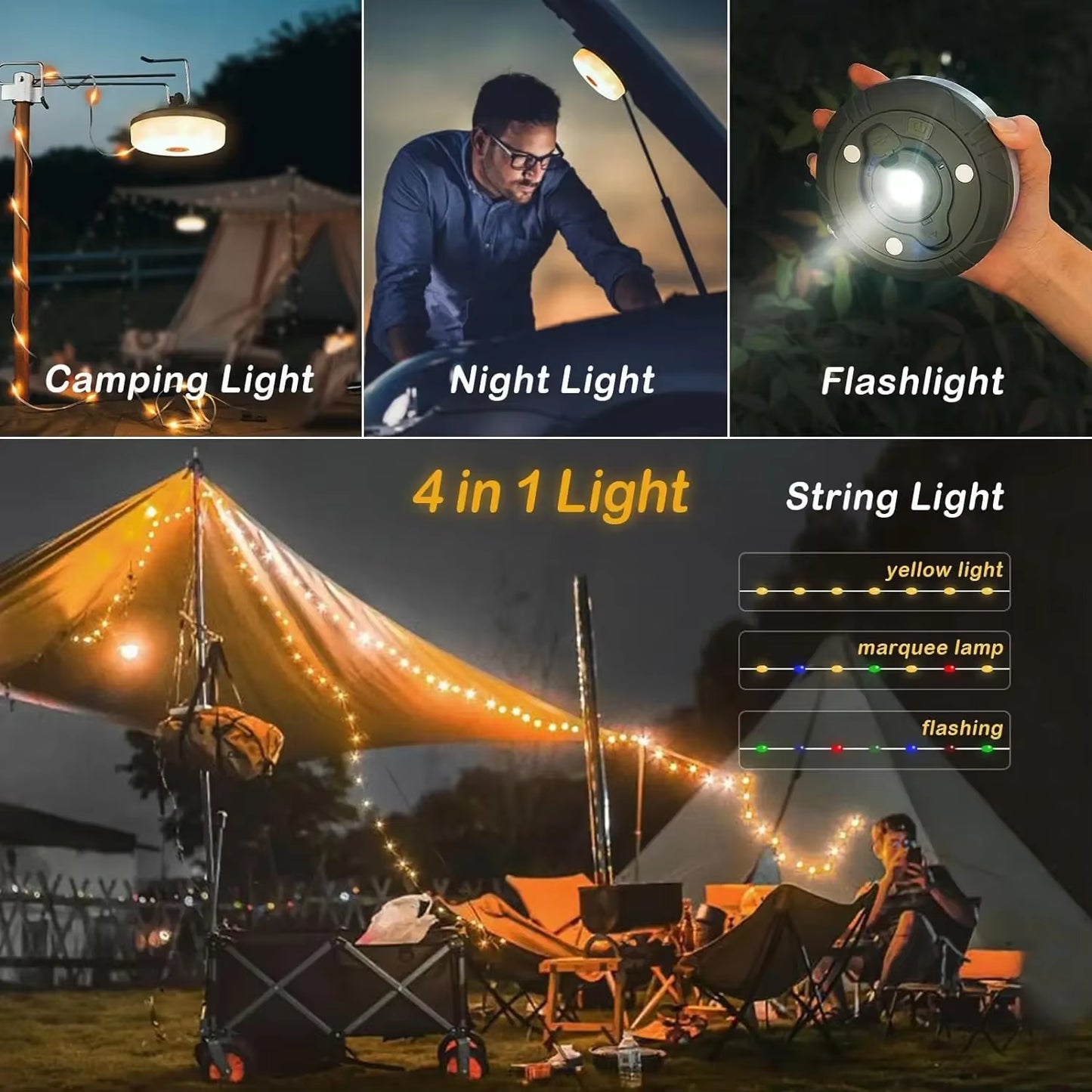 4-in-1 Camping Light | USB-C Rechargeable LED String Lamp – Tent, Garden & Outdoor Decor