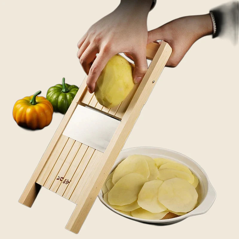 Adjustable Wooden Vegetable Cutter and Slicer for Potatoes, Tomatoes, Onions, and Cabbage - 0.5-7mm Thickness Options