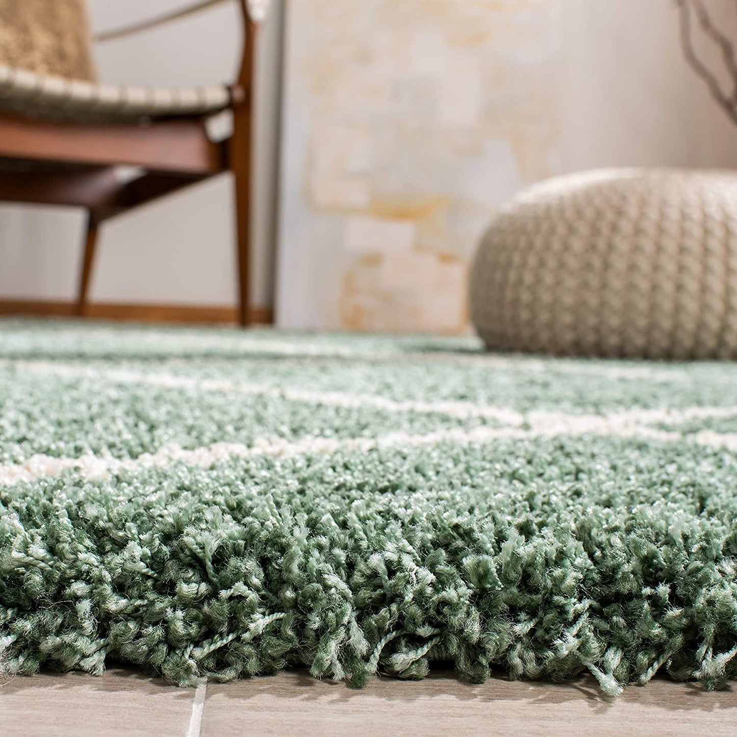 Hudson Shag Collection 7' Square Area Rug - Green & Ivory Modern Trellis Design, Non-Shedding, Easy Care, 2-Inch Thick, Perfect for High Traffic Areas in Living Room and Bedroom (SGH281Y)