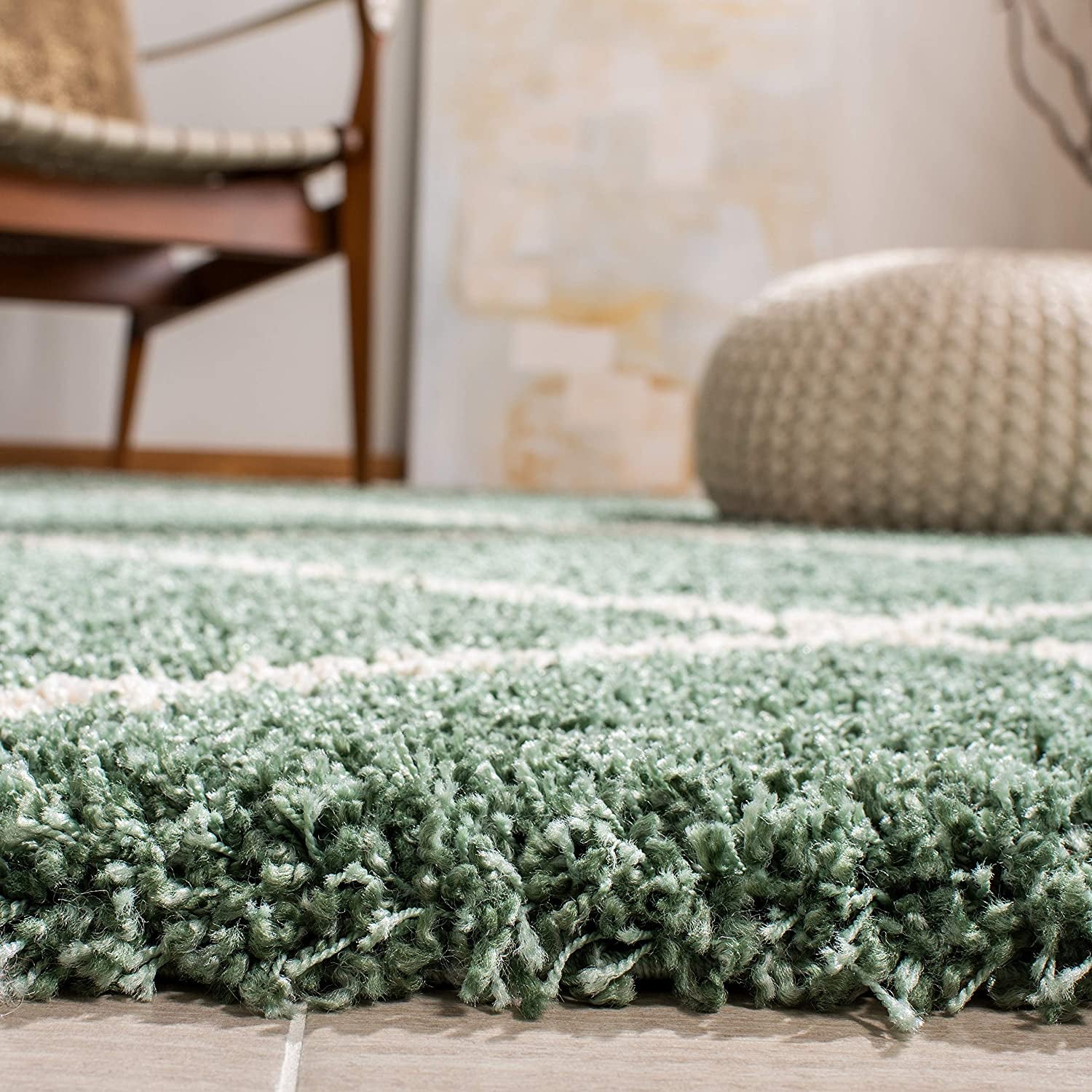 Hudson Shag Collection 7' Square Area Rug - Green & Ivory Modern Trellis Design, Non-Shedding, Easy Care, 2-Inch Thick, Perfect for High Traffic Areas in Living Room and Bedroom (SGH281Y)