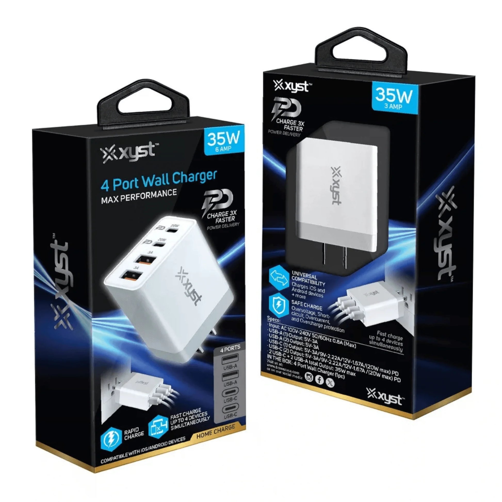 Xyst 35W 4-Port USB Wall Charger | Dual USB-C PD Fast Charger + 2 USB-A | Rapid 4-Device Charging for iPhone, Samsung & Tablets