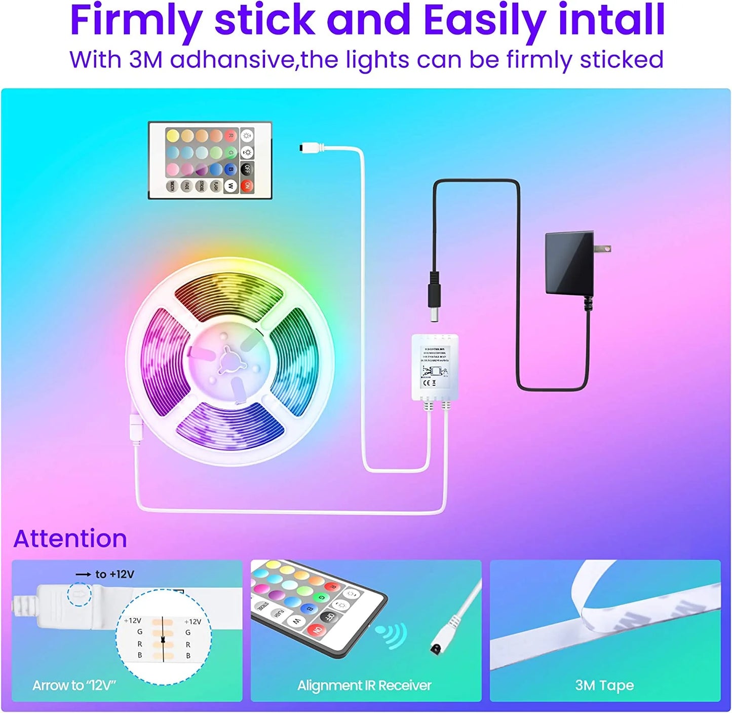 50FT Smart LED Strip Lights with Bluetooth App & Music Sync | Color-Changing Light Strip with Remote & Mic for Bedroom, Home, and Parties
