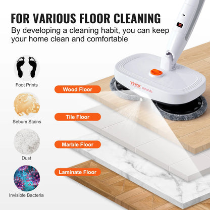 VEVOR Cordless Electric Mop with Integrated Water Tank, 40-Minute Battery Life, LED Headlight, Dual Mop Heads, and 8 Microfiber Pads for Efficient Hardwood and Tile Floor Cleaning