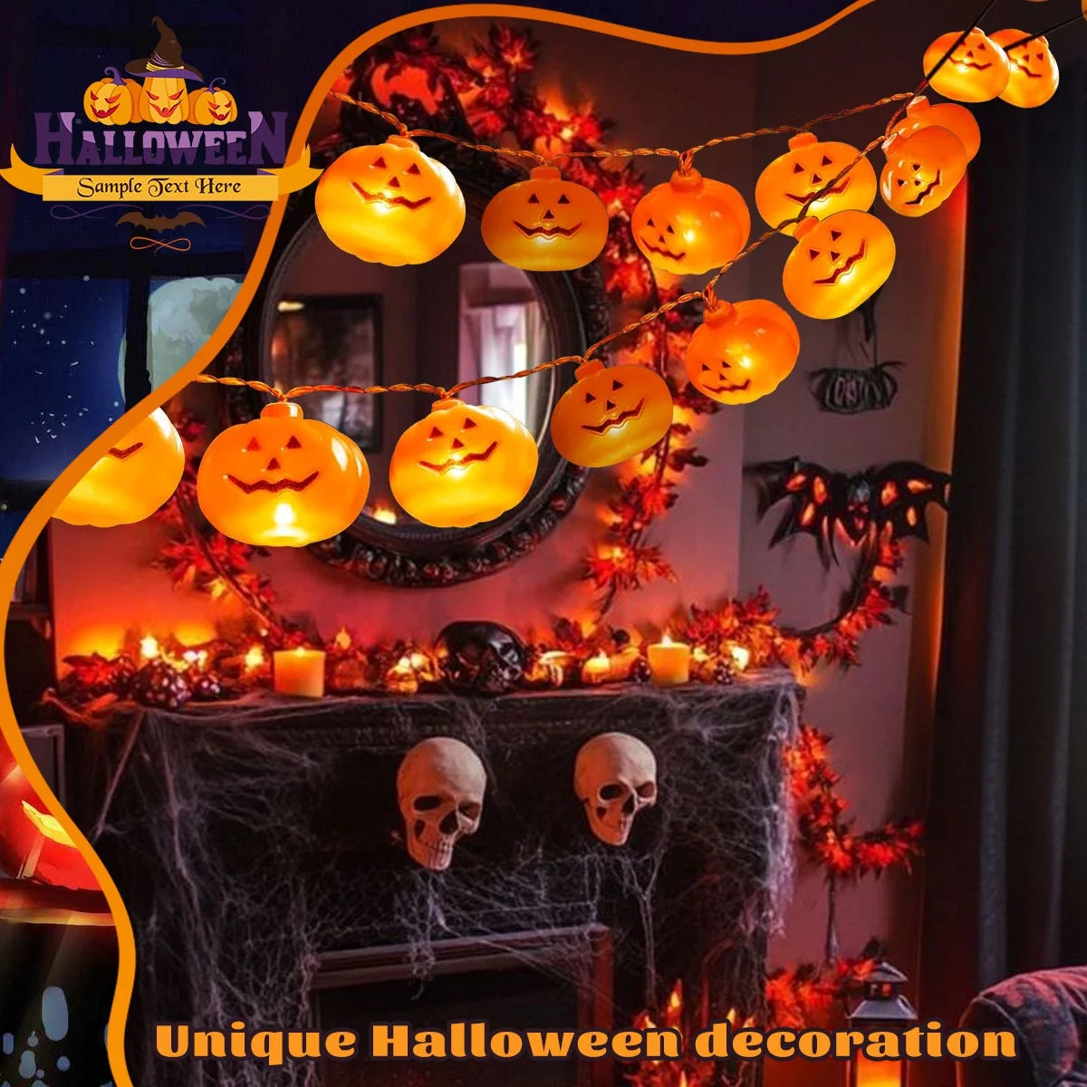 Halloween Pumpkin String Lights – 40 LED 19.7Ft Jack-O’-Lantern Fairy Lights | Battery Operated, Waterproof & Cute Halloween Decorations for Indoor & Outdoor Use