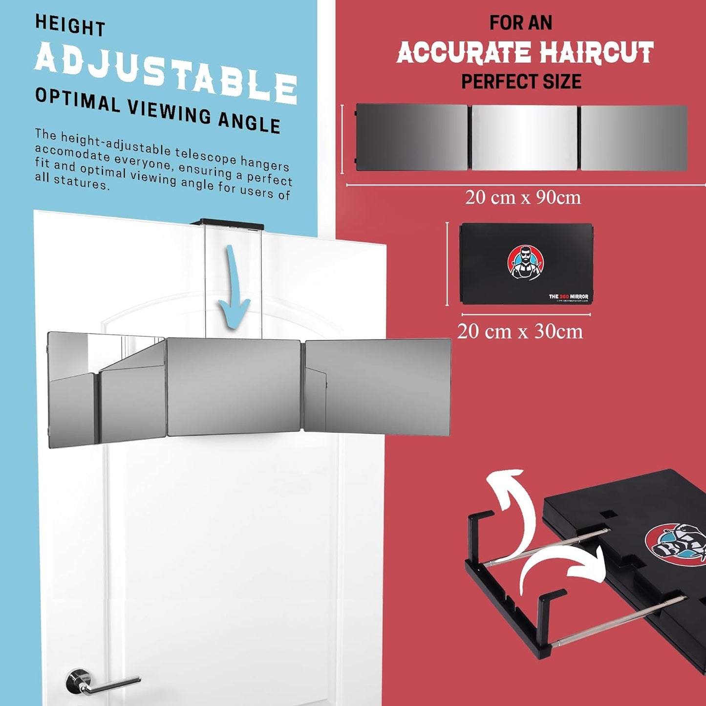 The 360° Mirror™ – 3-Way Adjustable Trifold Barber Mirror for Self Haircuts | Premium Glass, Portable Design & Height Hooks | Perfect for Men, Women & Braiding | LIPFI’s Barbershop Original