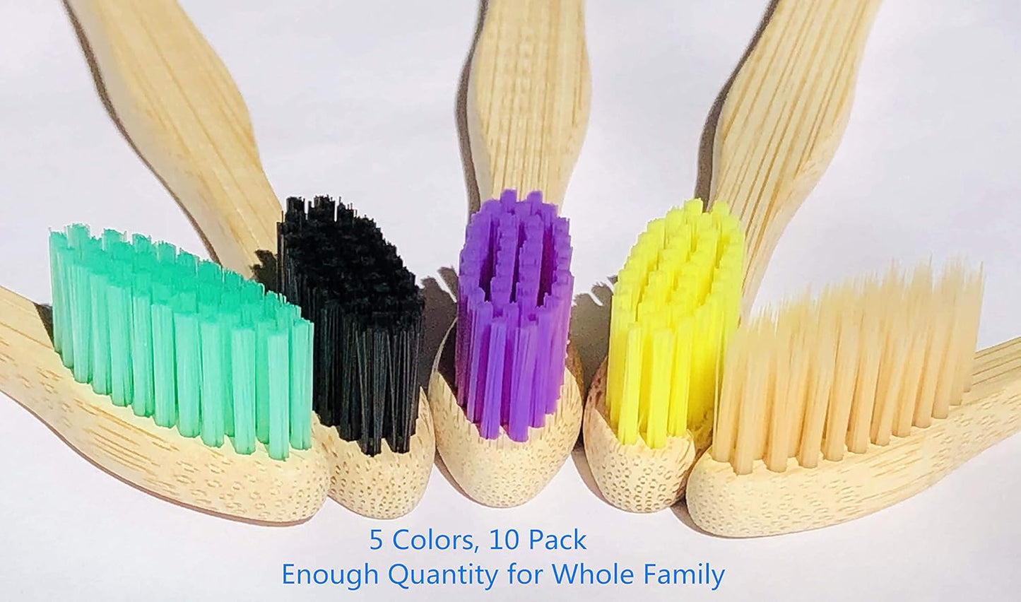 Eco-Friendly Bamboo Toothbrushes - 10-Pack with Medium Firm Bristles, Biodegradable Wooden Toothbrushes