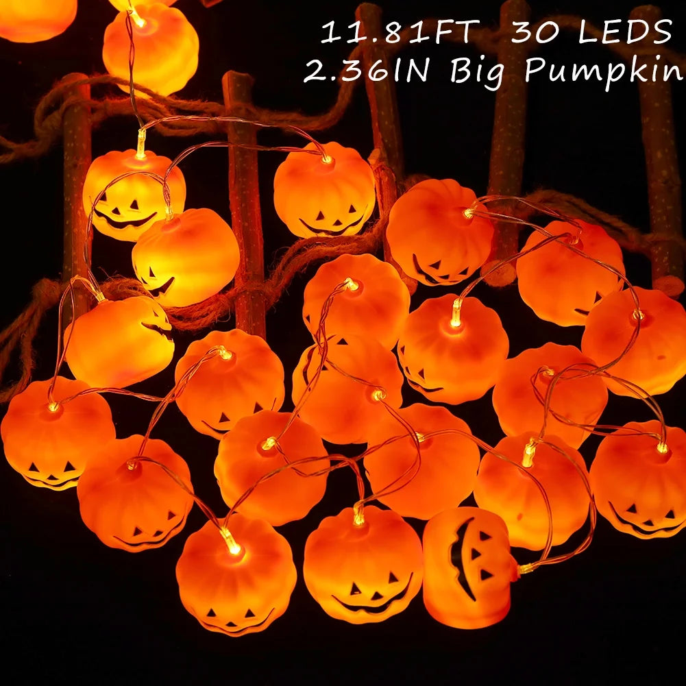 Halloween Pumpkin String Lights – 30 LED 11.8Ft Jack-O’-Lantern Lights | Battery Operated Waterproof Halloween Decorations for Indoor & Outdoor Party Use
