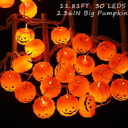 Halloween Pumpkin String Lights – 30 LED 11.8Ft Jack-O’-Lantern Lights | Battery Operated Waterproof Halloween Decorations for Indoor & Outdoor Party Use