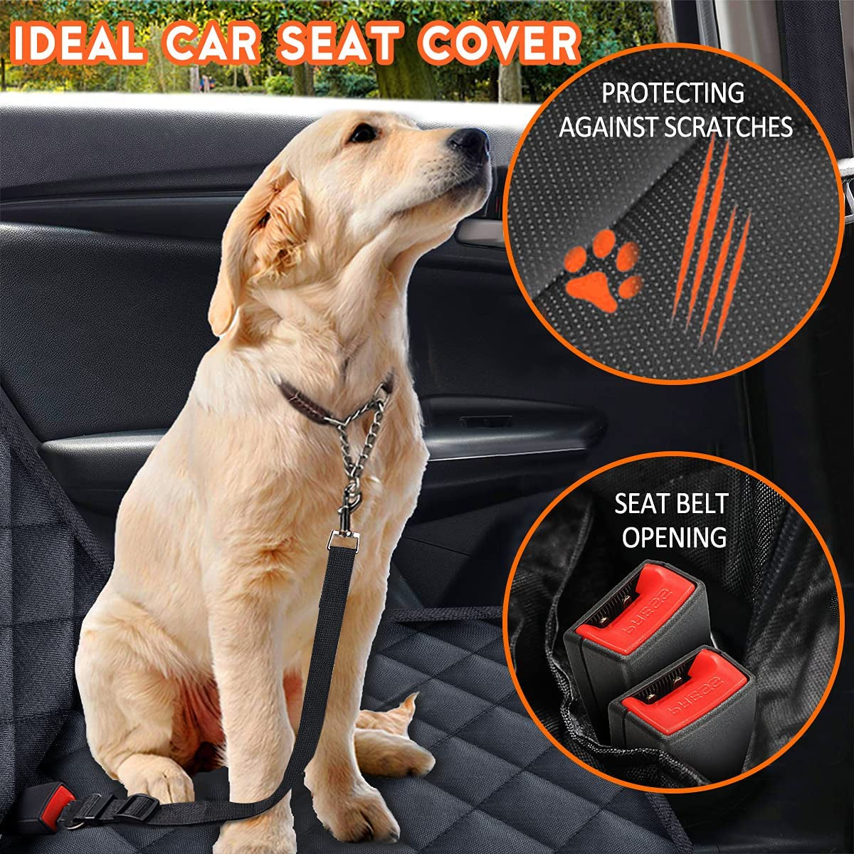 Waterproof Dog Car Seat Cover | Non-Slip Pet Back Seat Protector for Cars, Trucks & SUVs | Durable 4-Layer Bench Cover with Seat Belts – Black