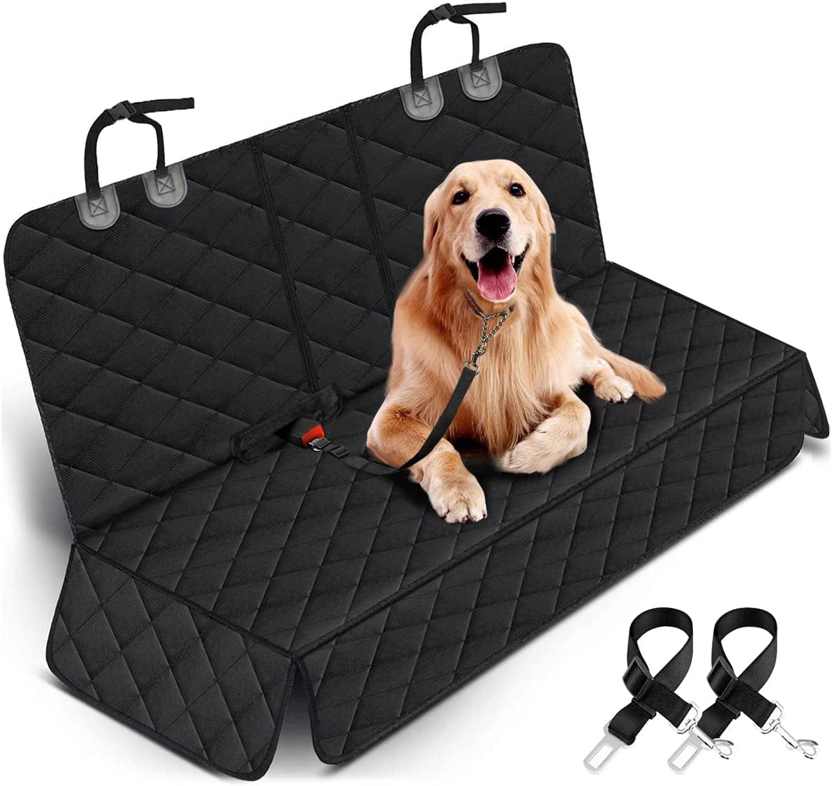 Waterproof Dog Car Seat Cover | Non-Slip Pet Back Seat Protector for Cars, Trucks & SUVs | Durable 4-Layer Bench Cover with Seat Belts – Black