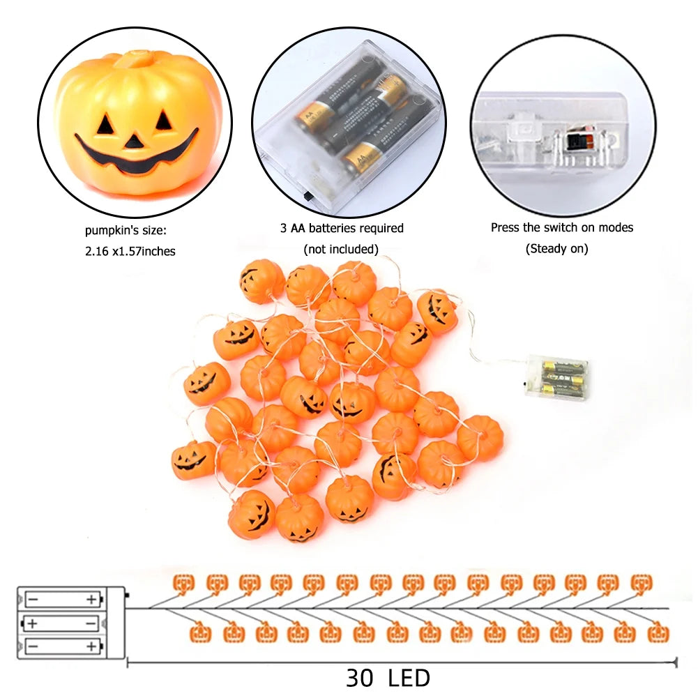 Halloween Pumpkin String Lights – 30 LED 11.8Ft Jack-O’-Lantern Lights | Battery Operated Waterproof Halloween Decorations for Indoor & Outdoor Party Use