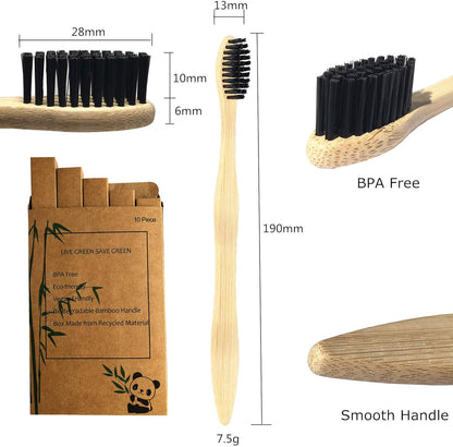 Eco-Friendly Bamboo Toothbrushes - 10-Pack with Medium Firm Bristles, Biodegradable Wooden Toothbrushes