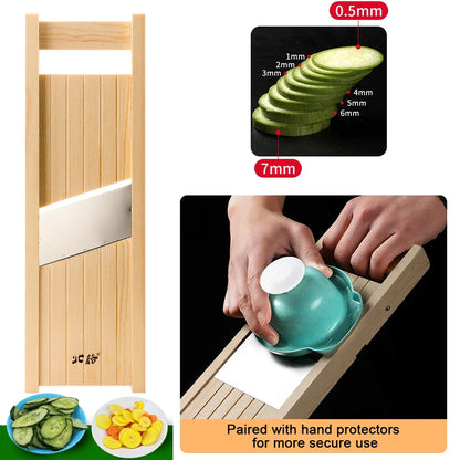 Adjustable Wooden Vegetable Cutter and Slicer for Potatoes, Tomatoes, Onions, and Cabbage - 0.5-7mm Thickness Options