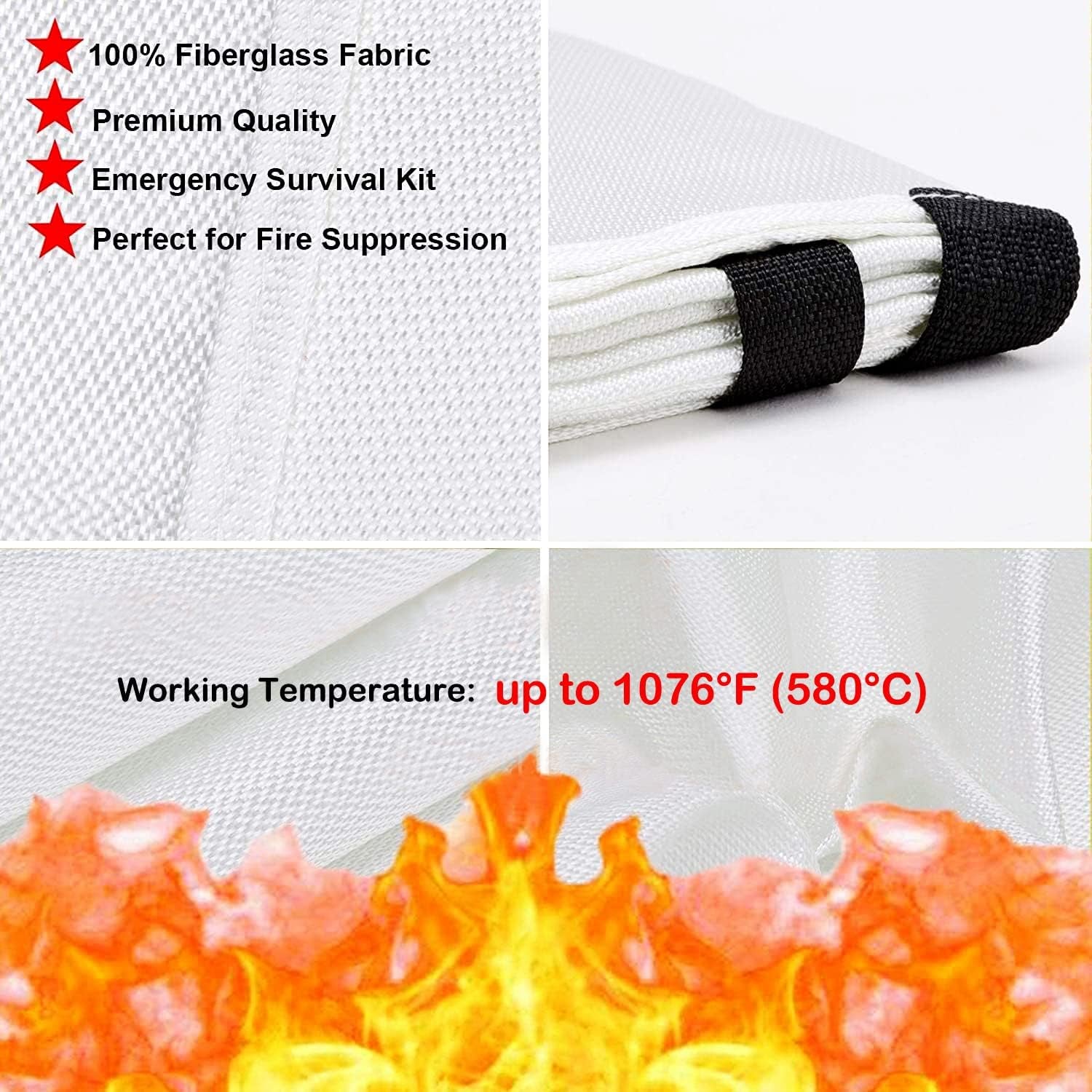 Fiberglass Fire Blanket for Emergency Preparedness, Flame Retardant Protection, and Heat Insulation in Multiple Sizes