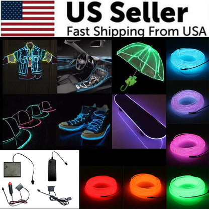 Neon LED Glow EL Wire Light Strip | 360° Flexible Rope Tube with Controller | USB, Car, Battery, or Sound Activated | Party, Car, Costume & Home Decor