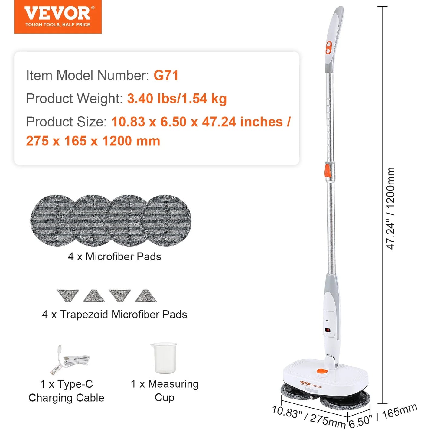 VEVOR Cordless Electric Mop with Integrated Water Tank, 40-Minute Battery Life, LED Headlight, Dual Mop Heads, and 8 Microfiber Pads for Efficient Hardwood and Tile Floor Cleaning