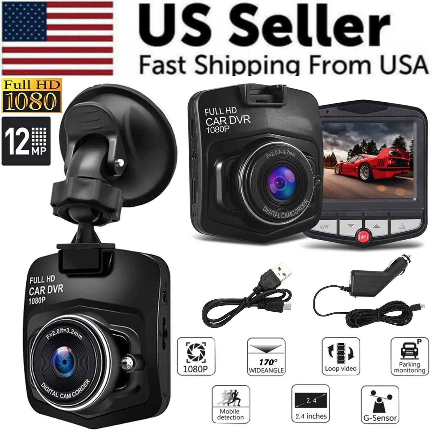 2.4" Full HD 1080P Dash Cam | Night Vision Car DVR with G-Sensor, 170° Wide Angle, Loop Recording & Motion Detection