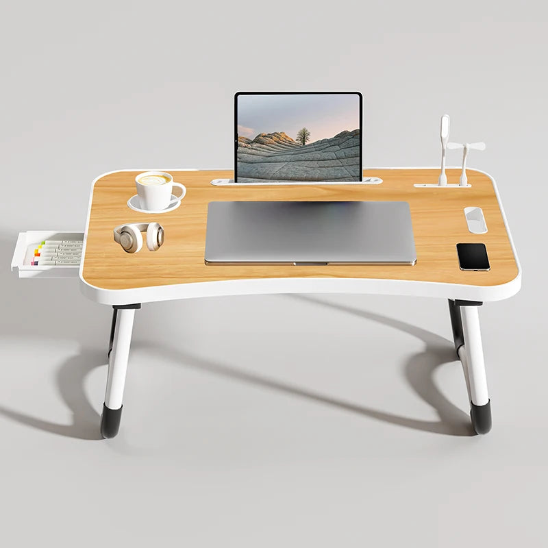 Foldable Portable Laptop Desk with USB Light, Mini Fan, Cup Holder & Tablet Slot — Bed & Home Office Tray Table