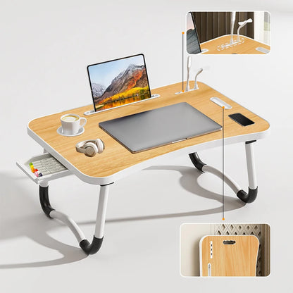 Foldable Portable Laptop Desk with USB Light, Mini Fan, Cup Holder & Tablet Slot — Bed & Home Office Tray Table