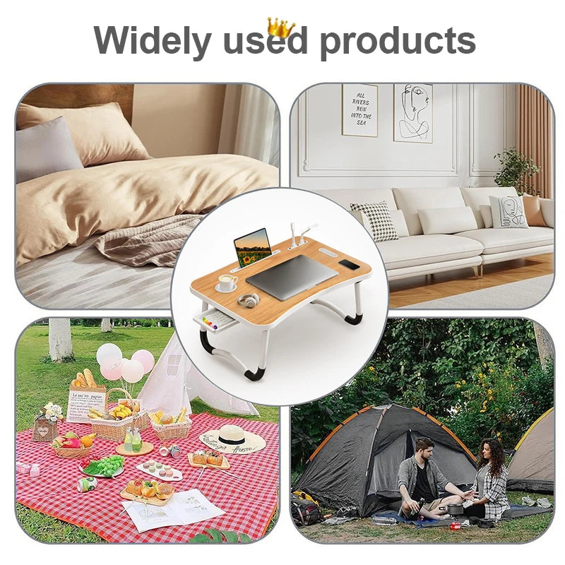 Foldable Portable Laptop Desk with USB Light, Mini Fan, Cup Holder & Tablet Slot — Bed & Home Office Tray Table