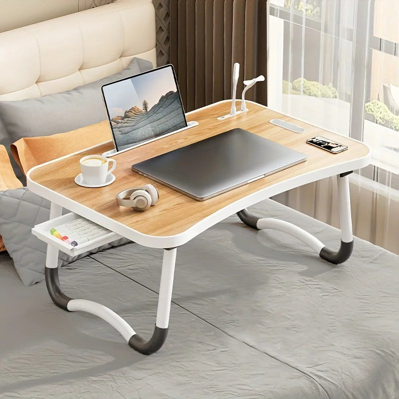 Foldable Portable Laptop Desk with USB Light, Mini Fan, Cup Holder & Tablet Slot — Bed & Home Office Tray Table