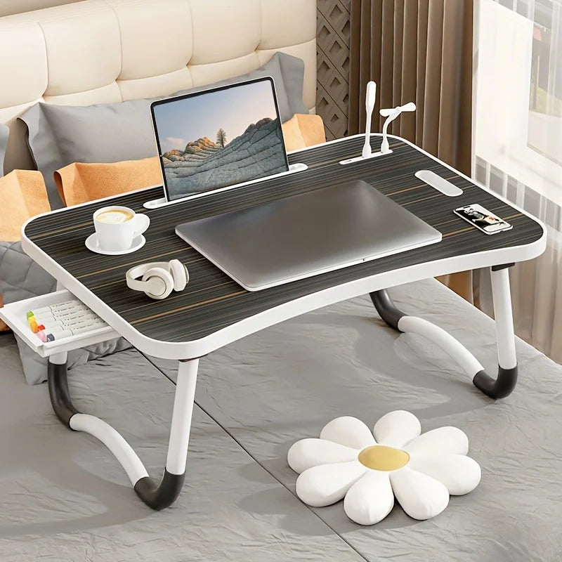 Foldable Portable Laptop Desk with USB Light, Mini Fan, Cup Holder & Tablet Slot — Bed & Home Office Tray Table