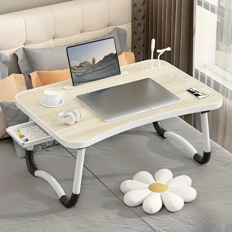 Foldable Portable Laptop Desk with USB Light, Mini Fan, Cup Holder & Tablet Slot — Bed & Home Office Tray Table
