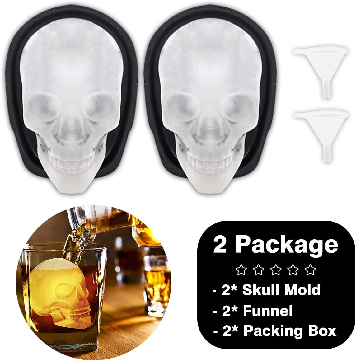 Extra Large 3D Skull Ice Cube Mold Silicone Ice Molds for Whiskey Ice Cube Trays with Funnel for Big Mouth Cup Skull Ice Maker with Resin Chocolate Sugar Whiskey Ice Mold for Parties (2 PCS)