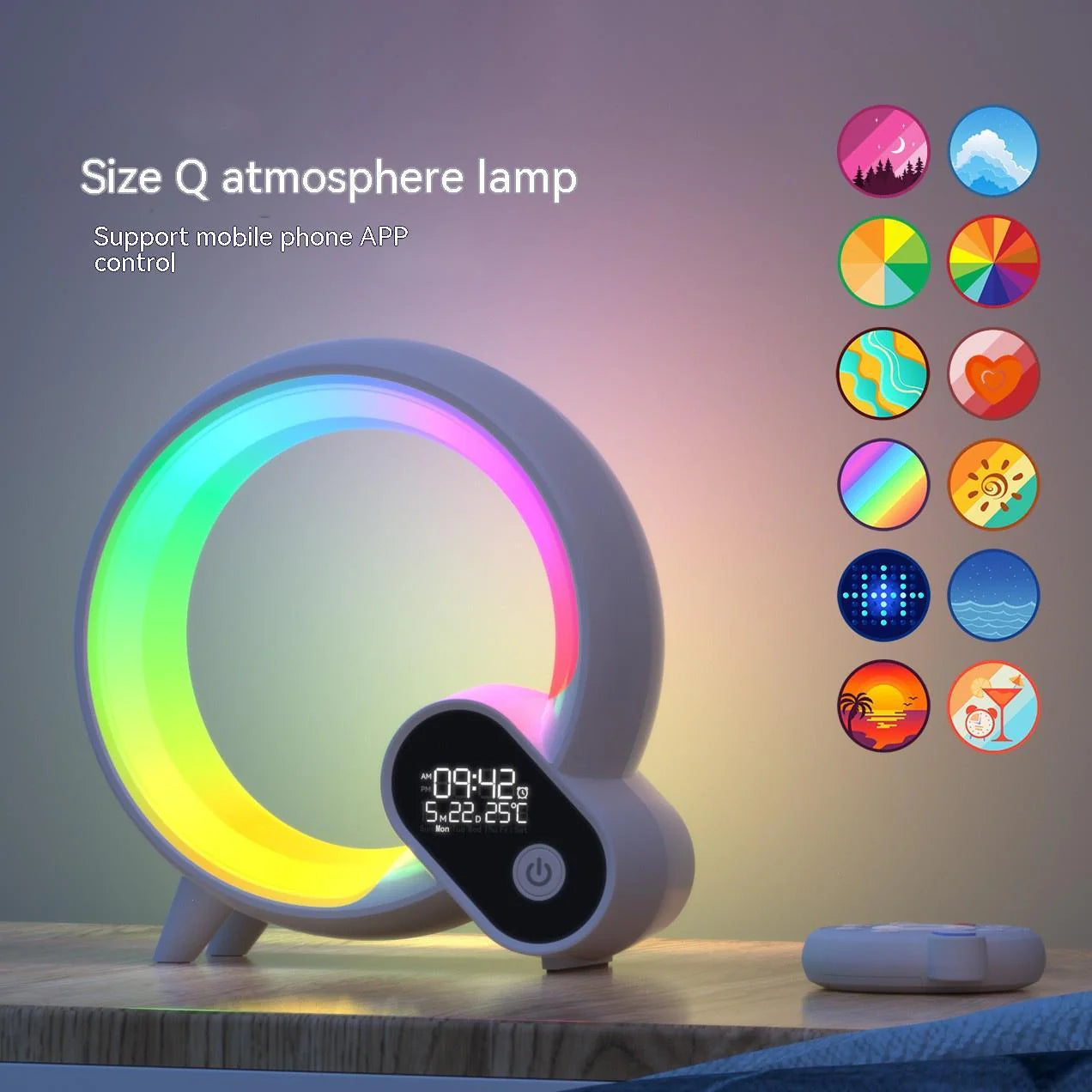 Smart Q Sunrise Alarm Clock Lamp | Bluetooth RGB Color-Changing Atmosphere Light with App Control & White Noise – USB & US Plug Options