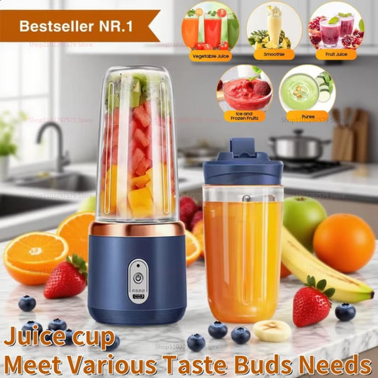 6-Blade Portable Blender with 2 Cups | USB Rechargeable Smoothie Maker | Personal Juicer Mixer for Travel, Fruit Juice & Shakes
