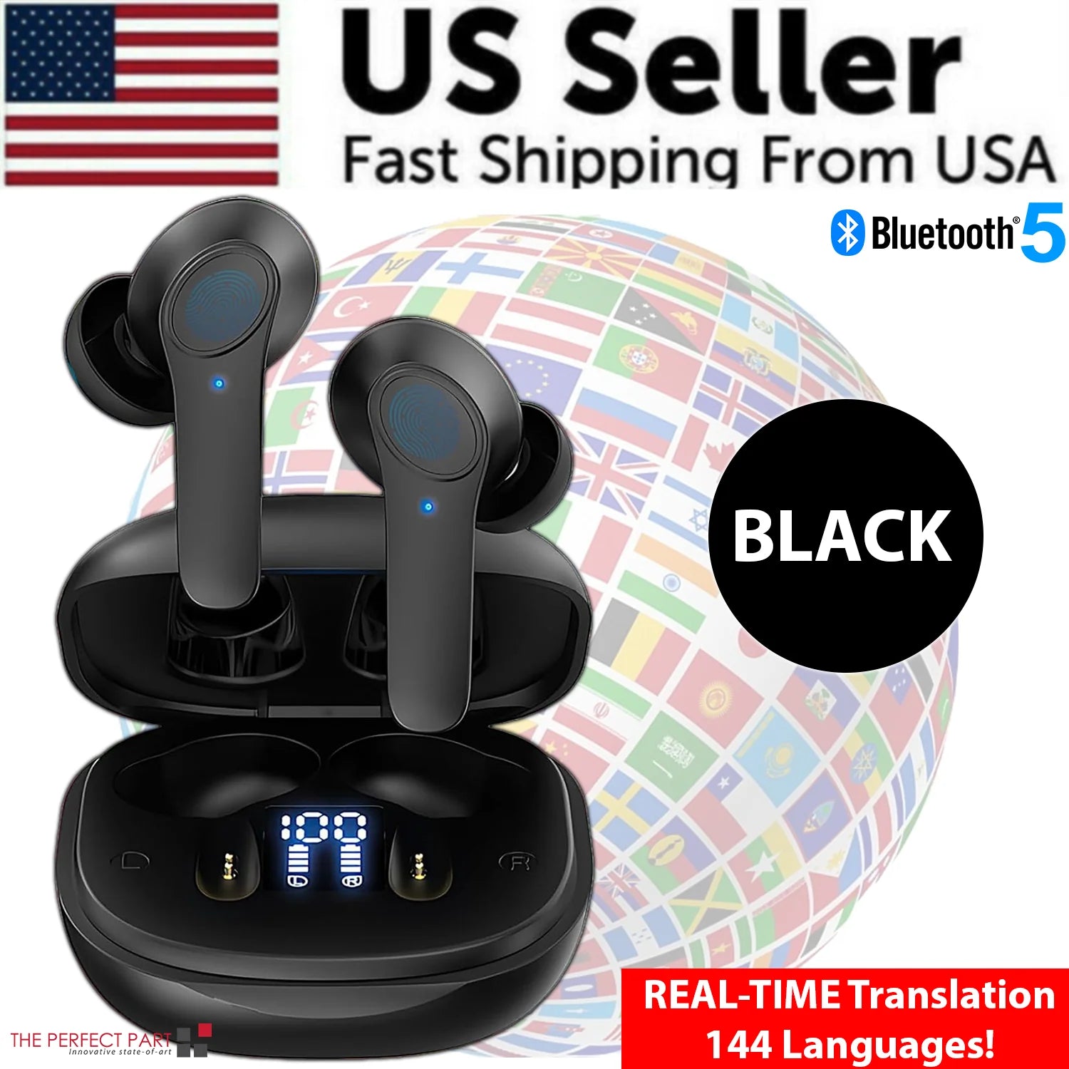 Real-Time Translator Earbuds | 144-Language AI Translation Bluetooth 5.0 Earphones | Noise-Canceling, Touch Control, Fast Charging Travel Headset