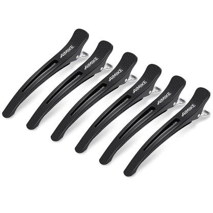 6Pcs Professional Hair Clips for Styling Sectioning, Non Slip No-Trace Duck Billed Hair Clips with Silicone Band, Salon and Home Hair Cutting Clips for Hairdresser, Women, Men - Black 4.3” Long
