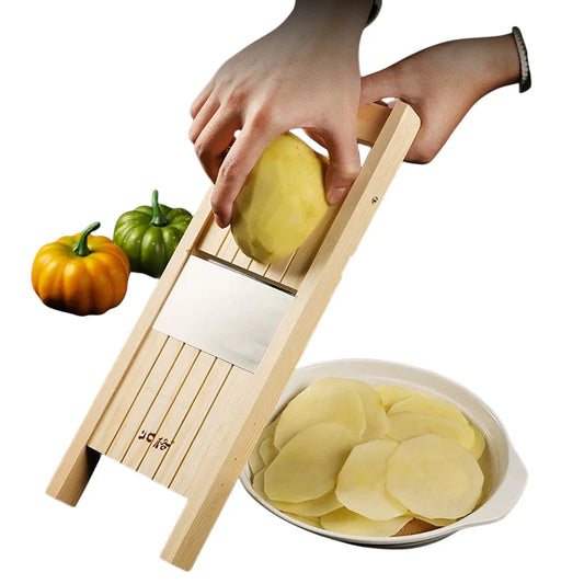 Adjustable Wooden Vegetable Cutter and Slicer for Potatoes, Tomatoes, Onions, and Cabbage - 0.5-7mm Thickness Options